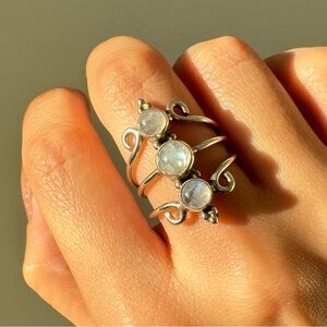 Boho Sterling Silver Triple Rainbow Moonstone Ring, Size 6.5